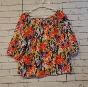 Hester & Orchard Women's Size L Linen Blend Blouse Multi Color Elastic Tie